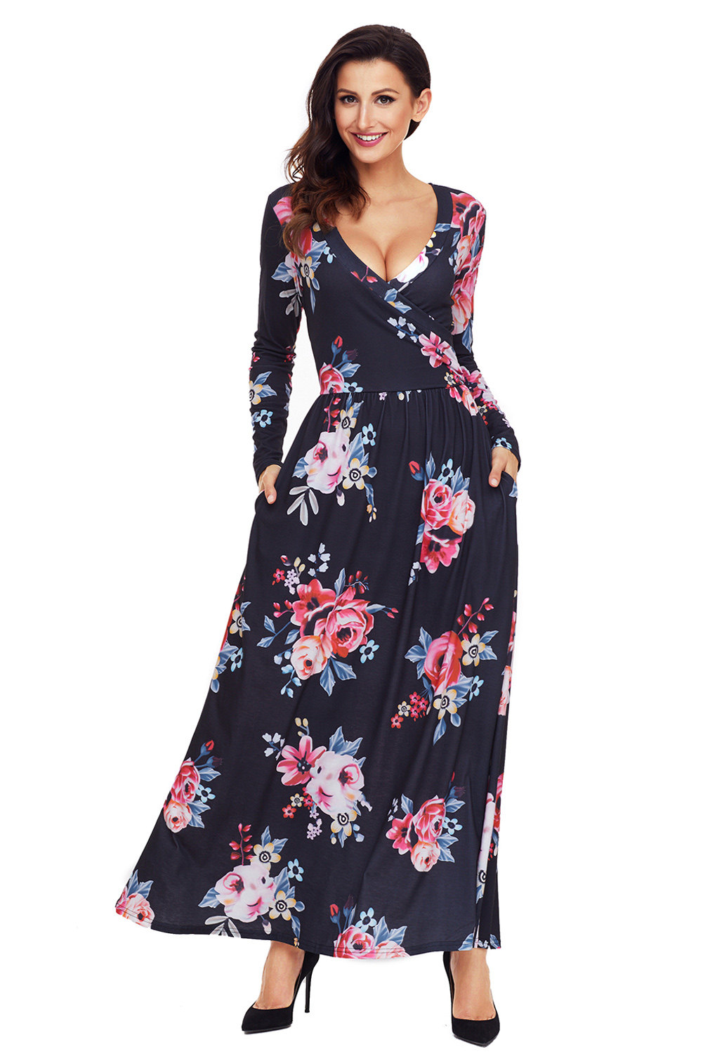 BY61772-2 Black Floral Surplice Long Sleeve Maxi Boho Dress